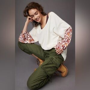 anthropologie anne poncho waffle knit pullover mixed media top